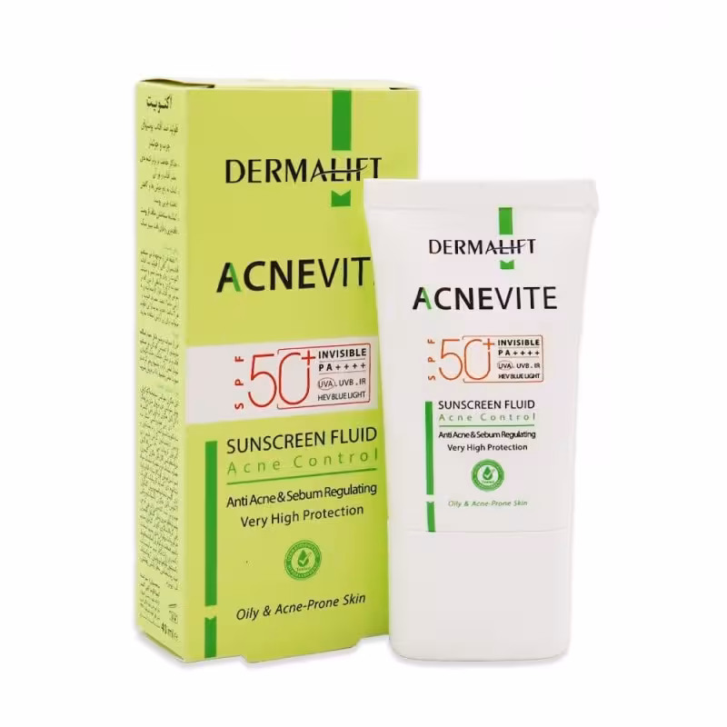 ضدآفتاب فلوئیدی درمالیفت SPF50 بی رنگ مدل Acnevite حجم 40 میل