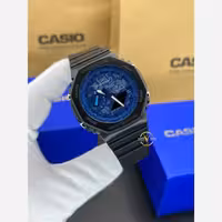 ساعت جیشاک GA2100 صفحه آبی دور مشکی بند مشکی