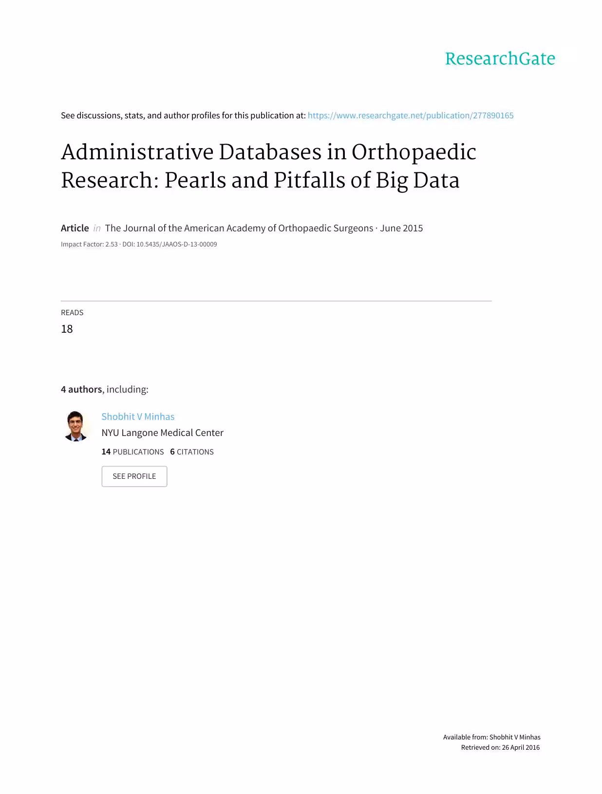 خرید و دانلود نسخه کامل کتاب [Article] Administrative Databases in Orthopaedic Research