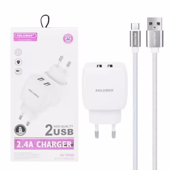 شارژر دیواری فست دو پورت Koluman به همراه کابل شارژ اندروید مدل KC-H705 – سفید-کد1715