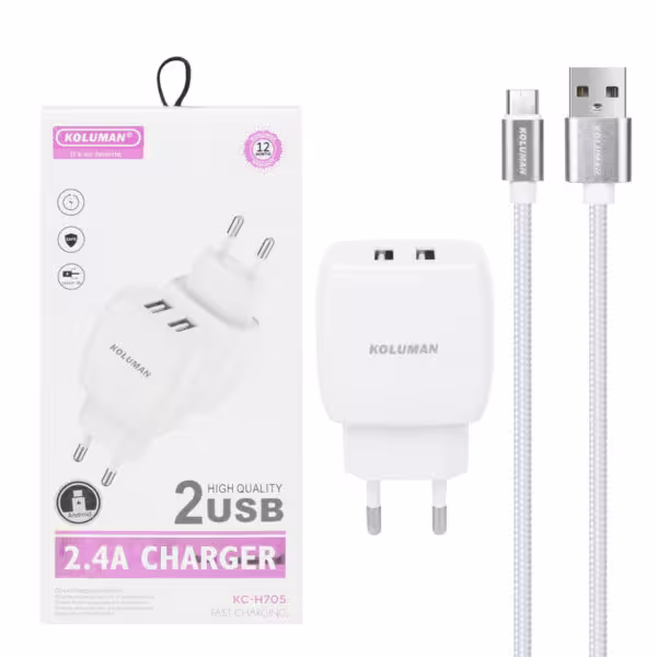 شارژر دیواری فست دو پورت Koluman به همراه کابل شارژ اندروید مدل KC-H705 – سفید-کد1715