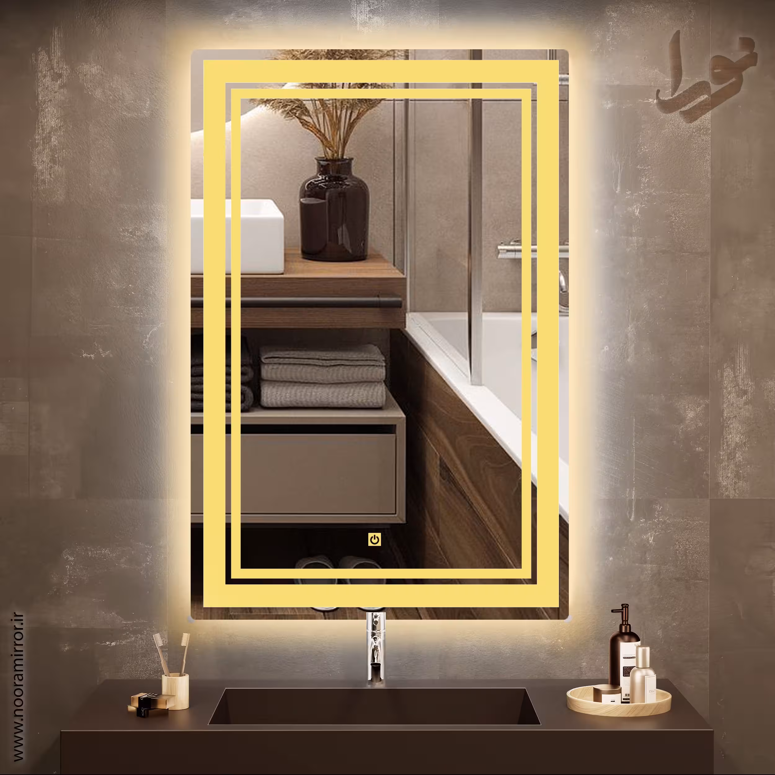 آینه بک لایت نورا . مستطیلی . طرح ماهور . مجهز به سنسور لمسی 12 ولت . سایز 50 در 70