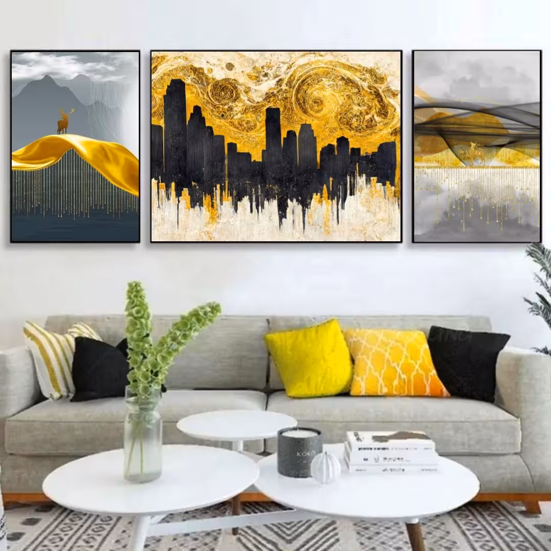 تابلو دکوراتیو فانتزی طلایی وهاکستری سه تکه 