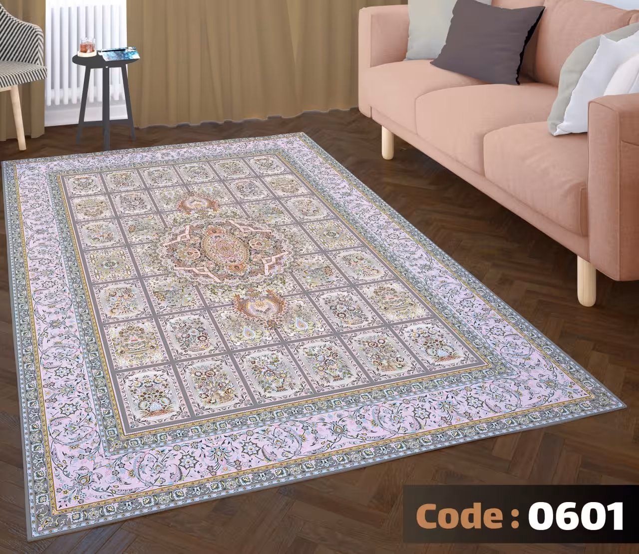 کاورفرش روفرشی دورکشدار گوشه لیفه ای کرم  قهوه ای کد 0601