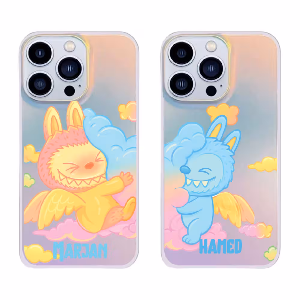 قاب هولوگرامی چاپی سفارشی (کد 0472) به اسم دلخواه مدل ست لبوبو - labubu set برای آیفون