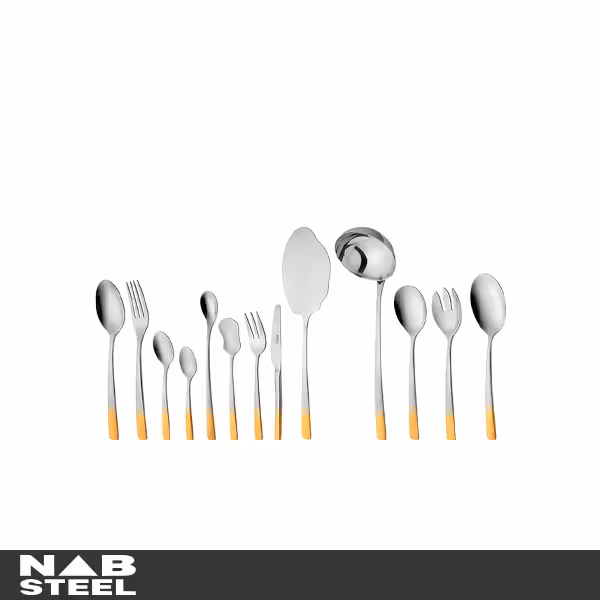 سرویس قاشق و چنگال ناب استیل 116 پارچه مدل فلورانس دور طلایی جعبه چوبی سفید