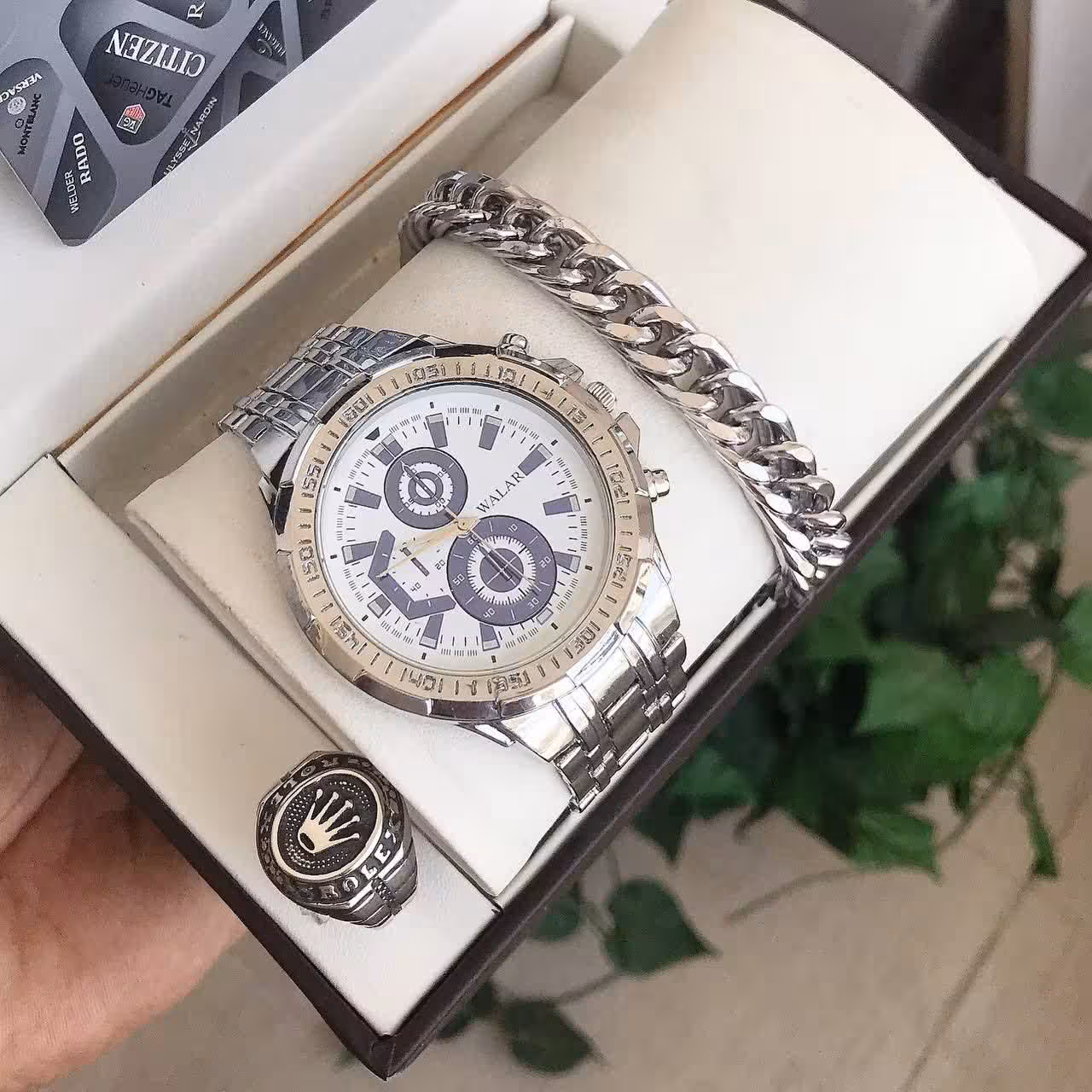 ست ساعت دستبند کارتیر انگشتر سفید مردانه 210250300