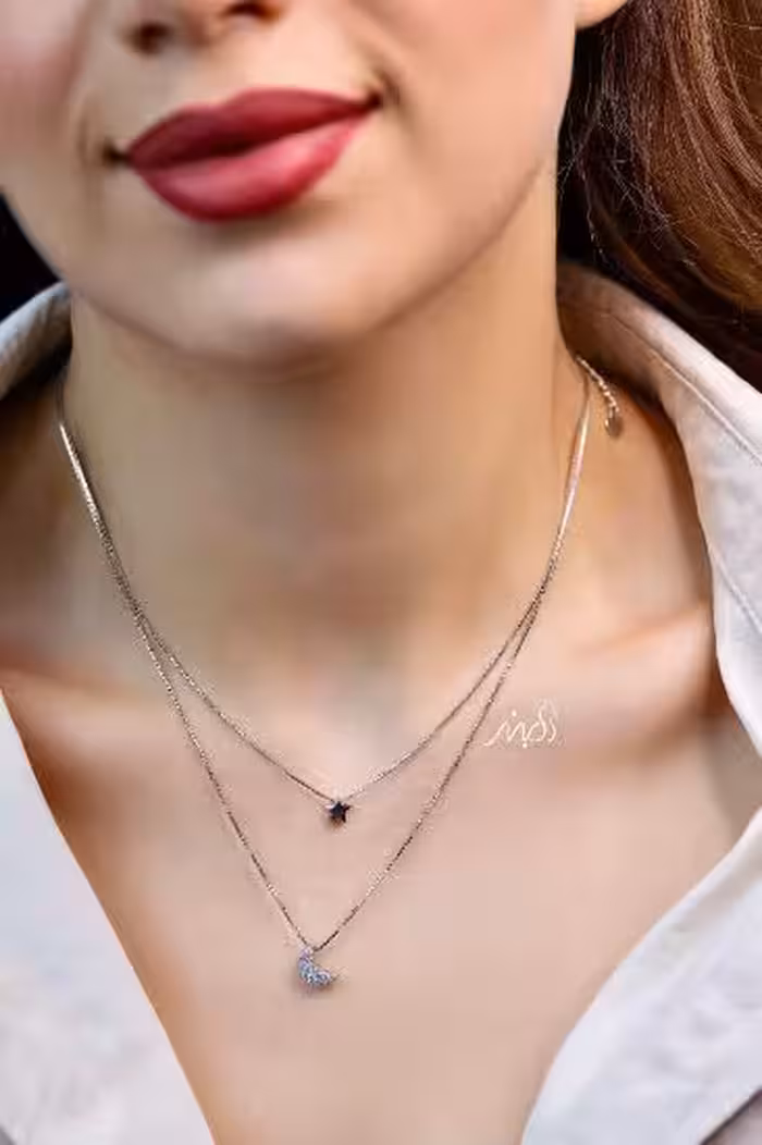 💍گردنبند جواهری دو لاین  ماه و ستاره ، خاص و زیبا ، نقره عیار 925 (G_3265)‌‌‌‌‌‌