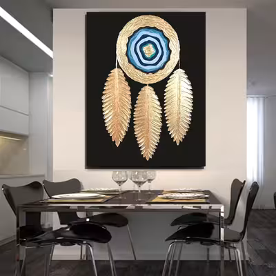 تابلو نقاشی ورق طلا طرح چشم نظر و پر نقش برجسته کد 0183