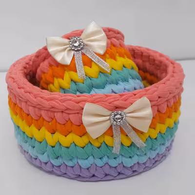 سبد قلاب بافی تریکو مدل رنگین کمان کد 02 مجموعه 2 عددی