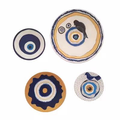 بشقاب دیوارکوب سفالی طرح چشم نظر مجموعه 4 عددی