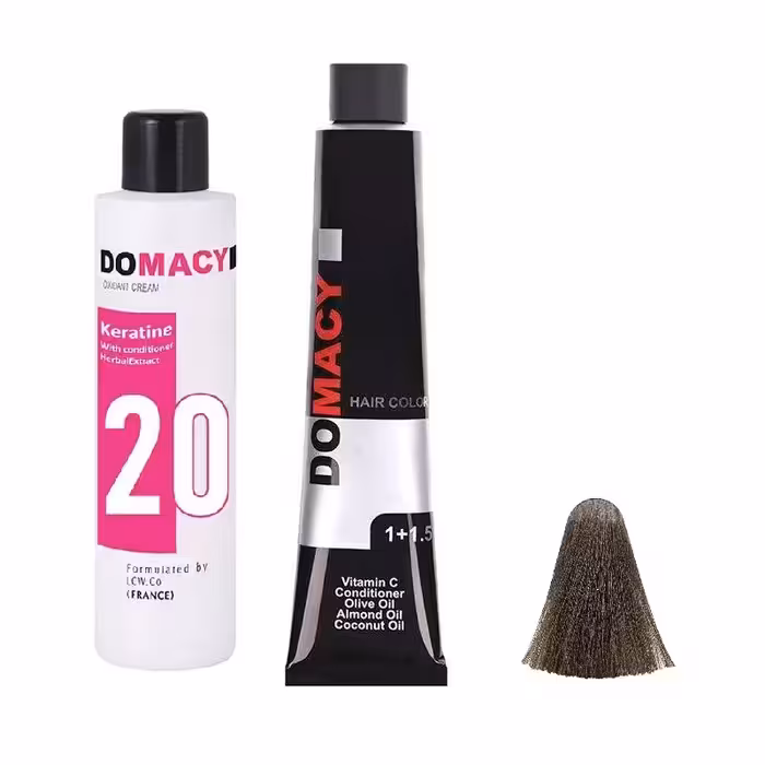 رنگ مو دوماسی شماره 5.00 حجم 120 میلی لیتر رنگ قهوه ای روشن به همراه اکسیدان کد 01 شش درصدی حجم 180 میلی لیتر