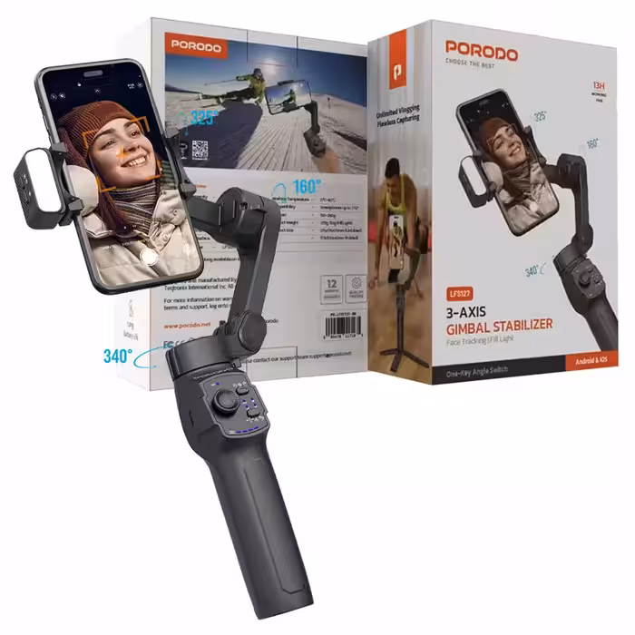 گیمبال و استابلایزر 3محوره هوشمند چراغدار پرودو مدل Porodo 3-Axis Gimbal lfs127