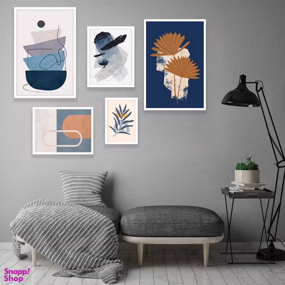 تابلو بکلیت مدل طرح مینیمال برگ و تم ابی W-973  مجموعه 5 عددی