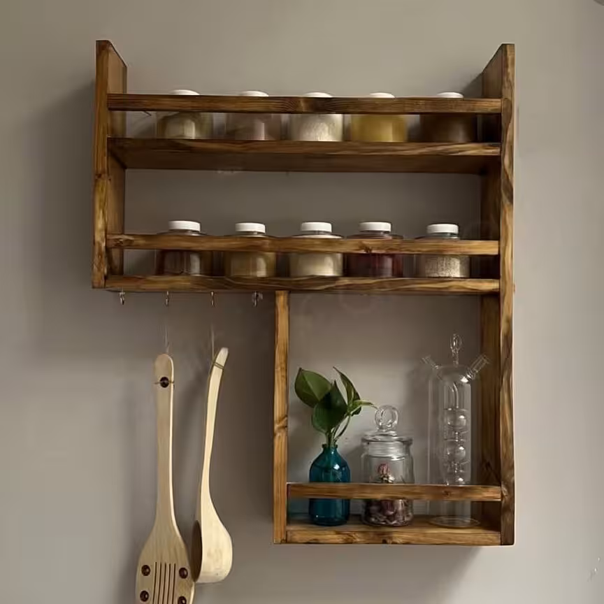 استند دیواری  اشپزخانه مدل stk25 جا ادویه چوبی رنگ قهوه ای چوب روس