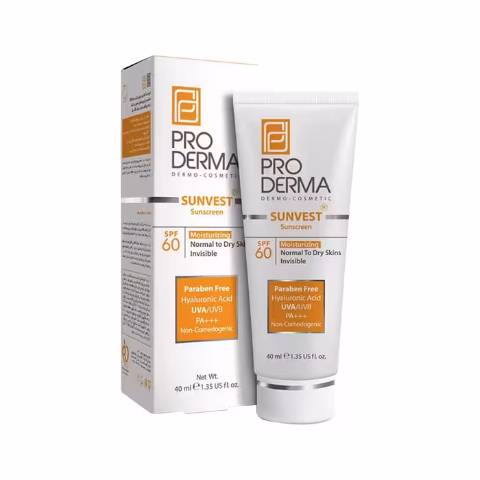 کرم ضد آفتاب و مرطوب کننده بی رنگ پرودرما SPF60 مناسب پوست های معمولی و خشک