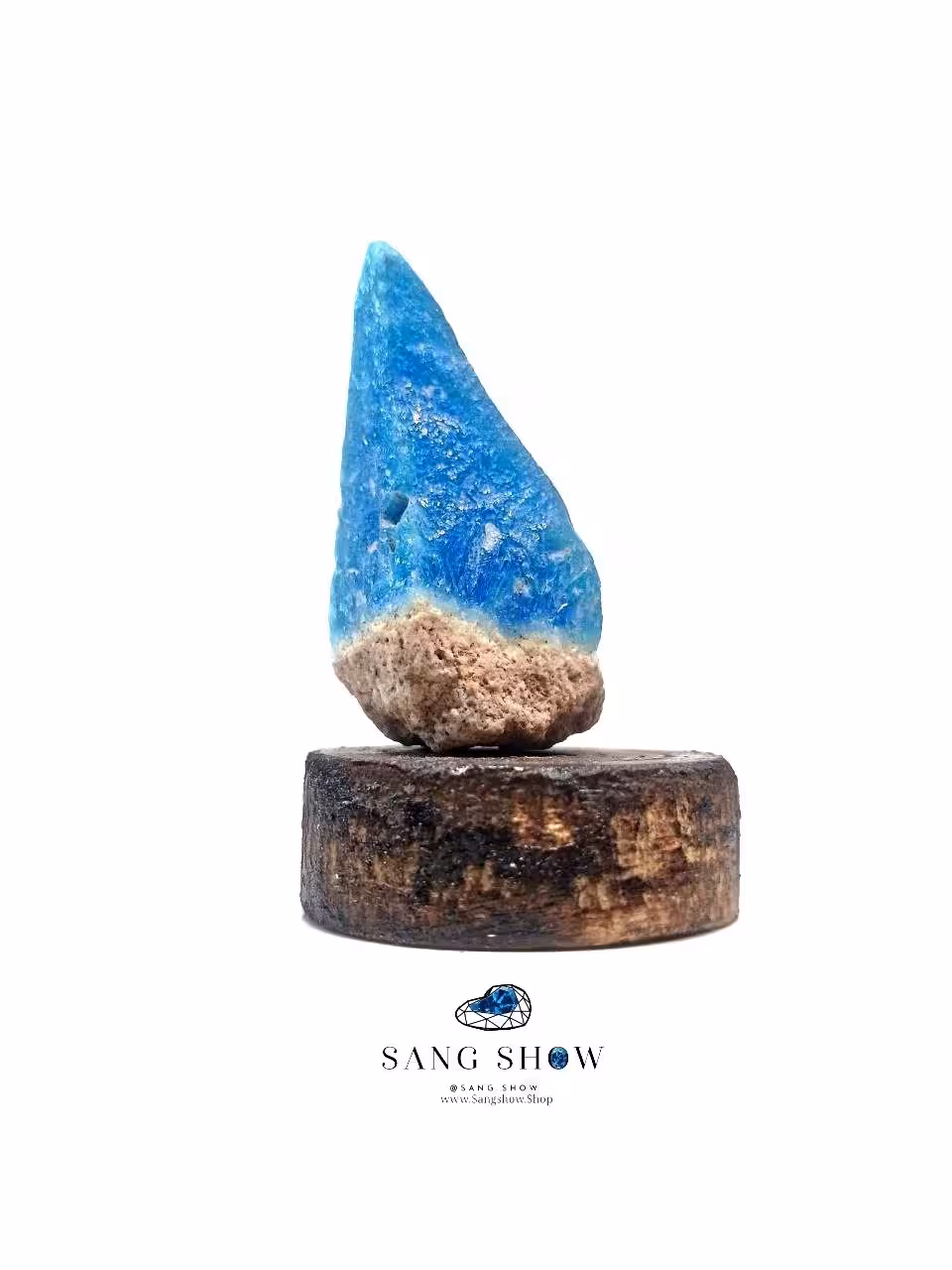 سنگ راف آپاتیت آبی با پایه چوبی نمونه استثنایی و اصل و معدنی S1744