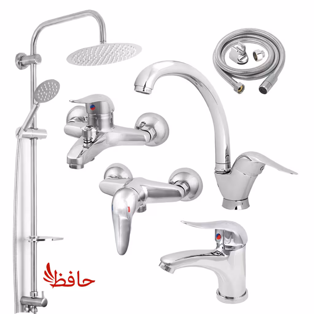 ست شیرالات شیرآلات لوکس با شلنگ و علم دوش دوکاره استیل گرد