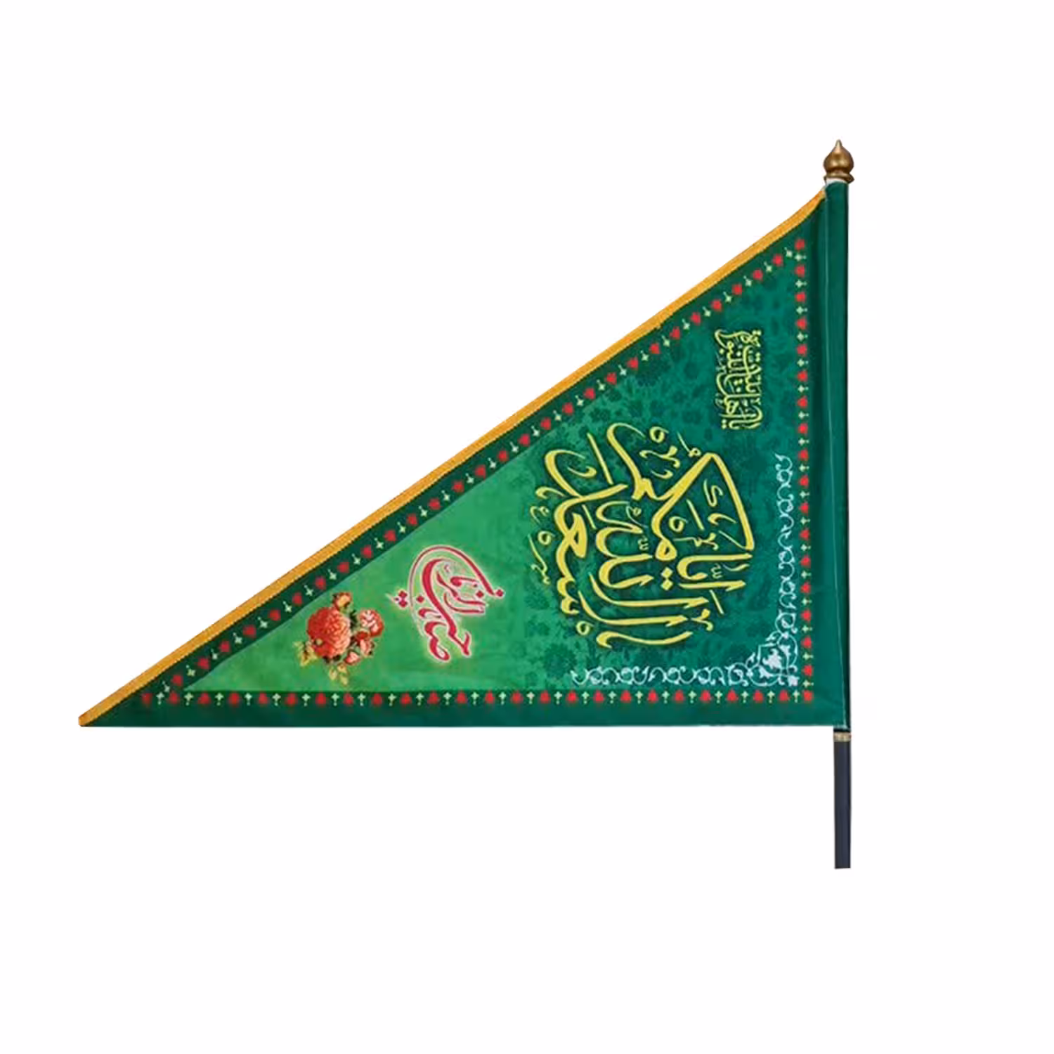 102142-پرچم سه گوش دورو شعبانیه صلوات و اسعدالله 64در90 همراه با لوله و سربیرق برای جشن نیمه شعبان و میلاد امام زمان عج