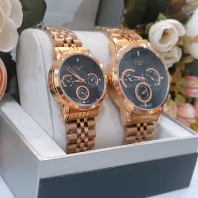 ساعت الگانس seiko رزگلد مردانه و زنانه ست سه موتوره فعال فول تایم ژاپن