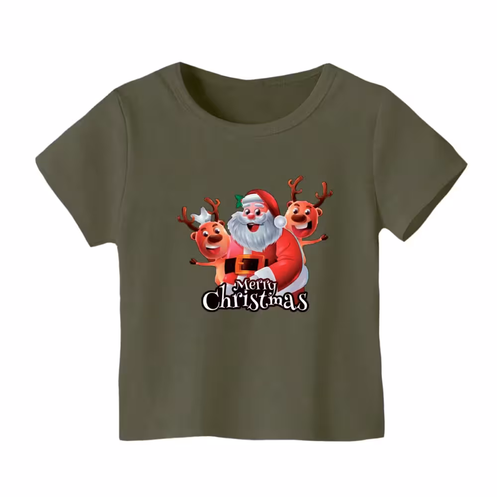 تی شرت آستین کوتاه بچگانه مدل بابانوئل و گوزن کریسمس کد 6 رنگ سبز