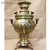 سماور ذغالی 3 لیتری با رنگ آنتیک و بدنه ی قلم کاری شده به رنگ طلایی،  با رنگ متنوع بدنه کد 116