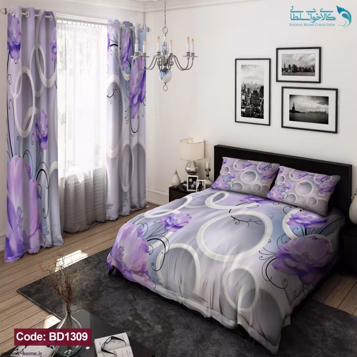 روتختی طرح گل های بنفش دونفره کد BD1309