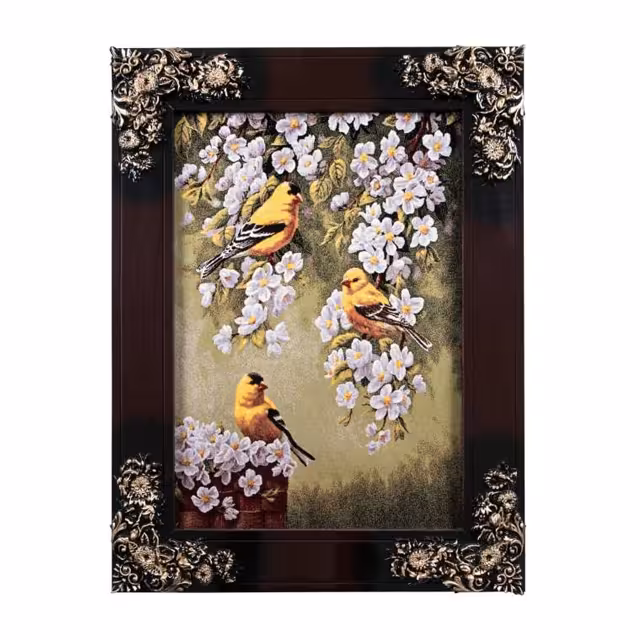 تابلو فرش ماشینی دنیای فرش طرح سه قناری و شکوفه کد 151