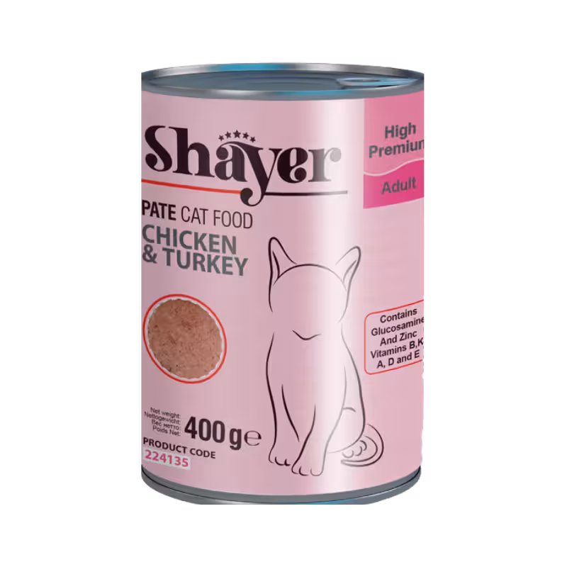 کنسرو گربه بالغ مدل پته مرغ و بوقلمون برند Shayer شایر 400 گرمی