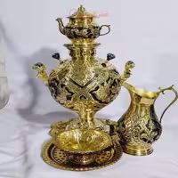 سرویس سماور 6 لیتری، جهان نما زغالی، قلم زنی گل و مرغ طلایی