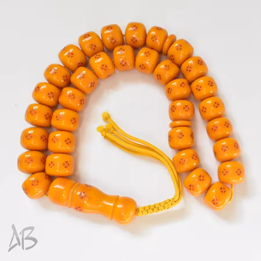 تسبیح سندلوس 33 دانه بودار کپسولی زرد درشت سایز 23 کد 823 آقابزرگ