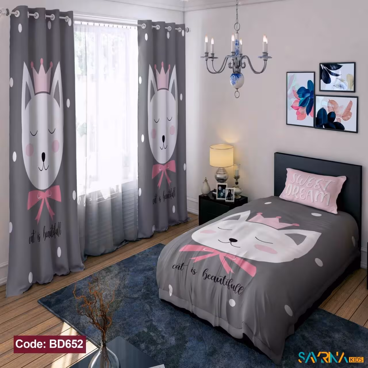 ست اتاق خواب دخترانه طرح گربه کد BD652