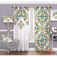 پرده سنتی سفید و سبز آبی کد 3263