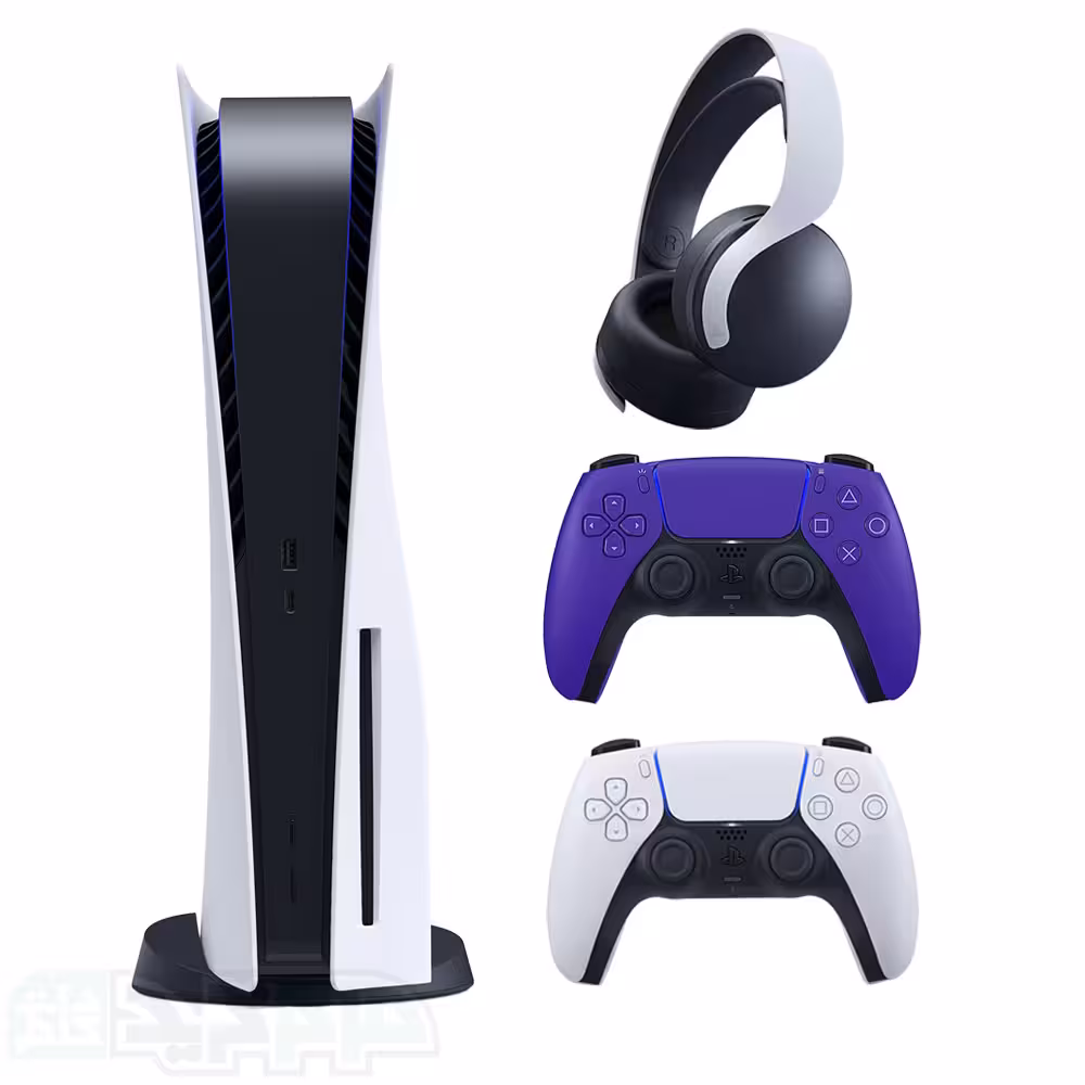 پلی استیشن 5 با درایو با دسته بنفش و هدست سفید