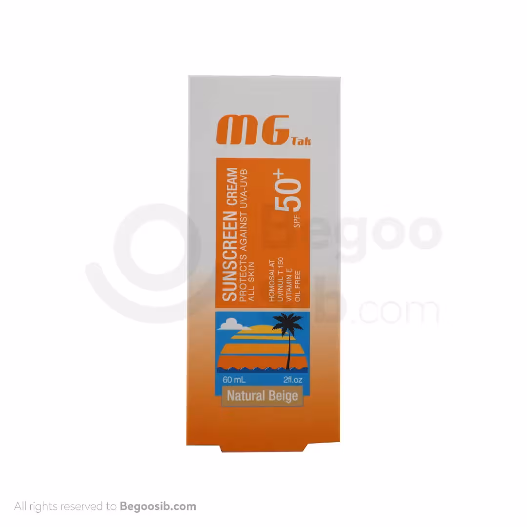 کرم ضدآفتاب بژ طبیعی فاقد چربی انواع پوست SPF 50 ام جی تک 60 میلی لیتری
