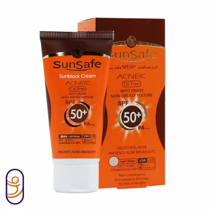 کرم ضدآفتاب فاقد چربی SPF50 مناسب پوست چرب و آکنه ای کرم پودری بژ روشن سان سیف