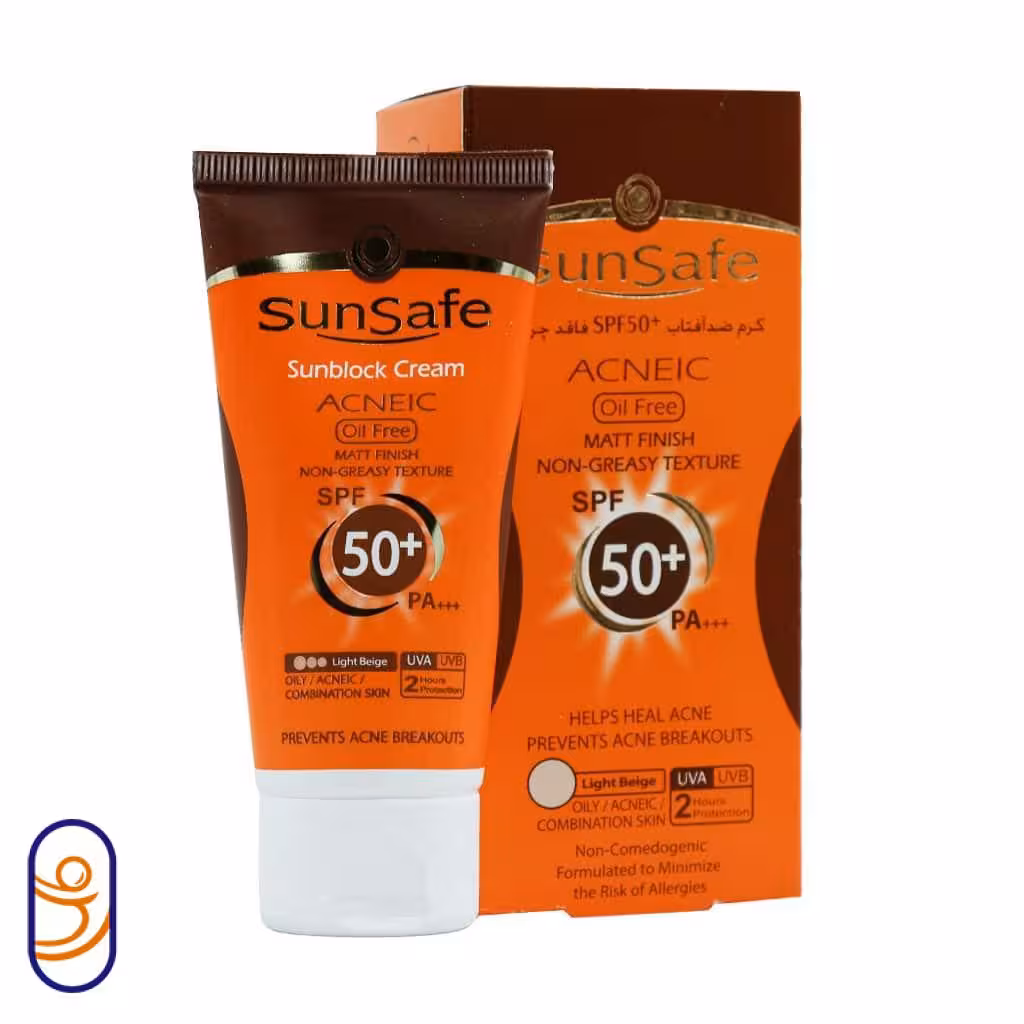 کرم ضدآفتاب فاقد چربی SPF50 مناسب پوست چرب و آکنه ای کرم پودری بژ روشن سان سیف