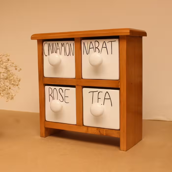 جا ادویه 4 پارچه مدل چوبی و سرامیکی کد Text04