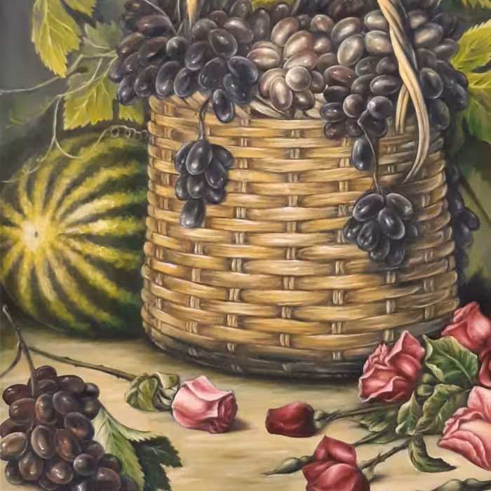 تابلو نقاشی رنگ روغن طرح سبد انگور و گل رز