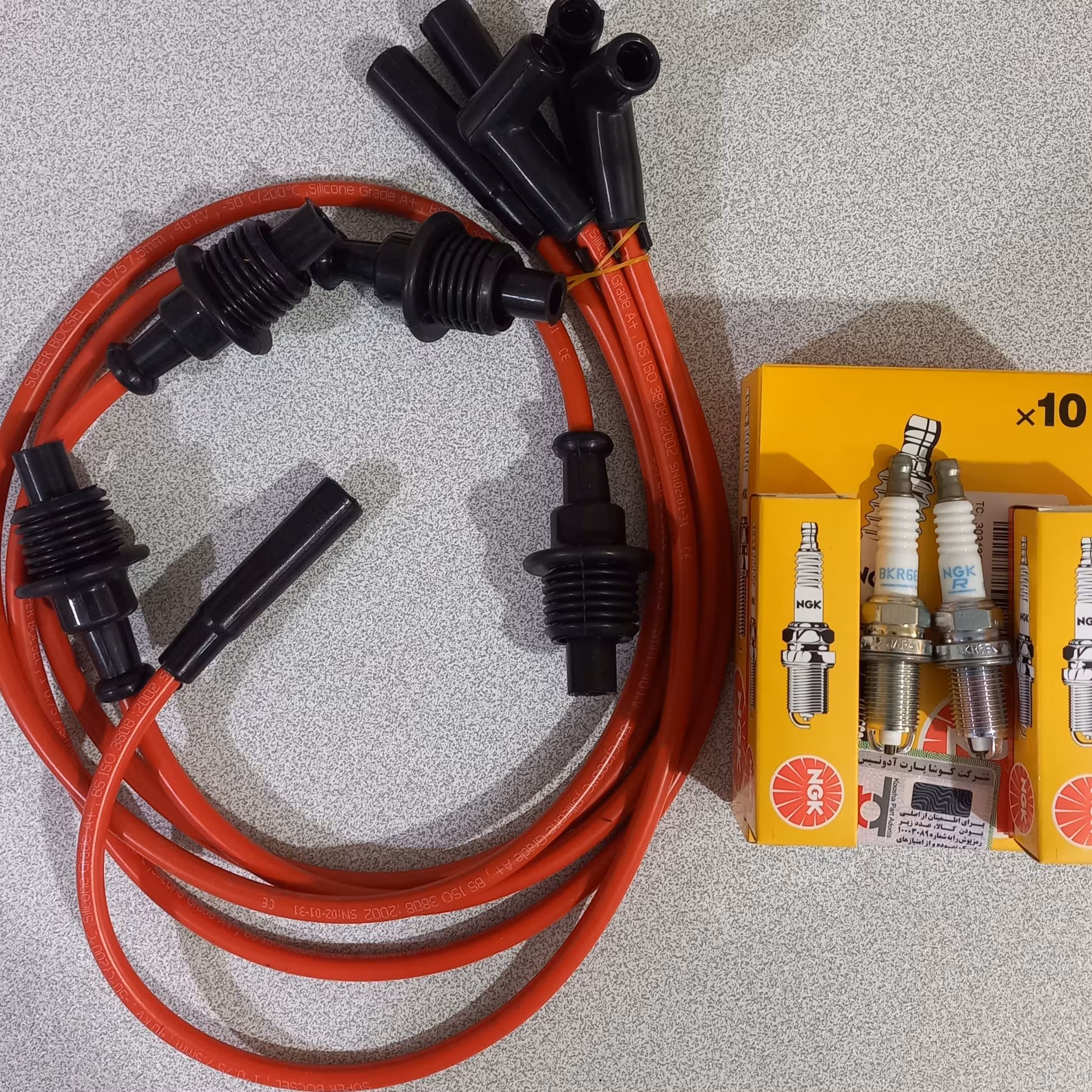پک وایر تقویتی پژو کاربراتور مدل 2000 و یکدست شمع دوپلاتین مارک ngk ژاپن اصلی