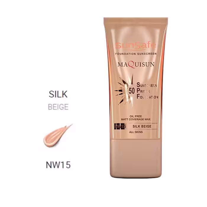 ضدآفتاب کرم پودری پرایمری مکیسان انواع پوست spf50 (رنگی بژ ابریشمی NW15) 40 میلی سان سیف SunSafe