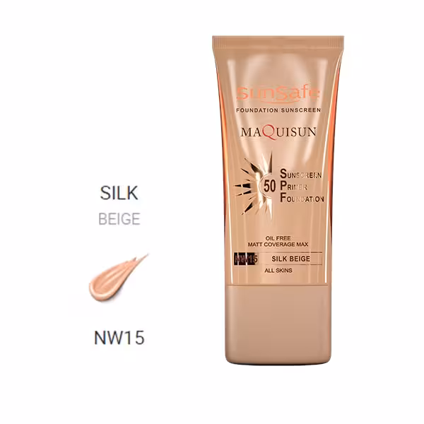 ضدآفتاب کرم پودری پرایمری مکیسان انواع پوست spf50 (رنگی بژ ابریشمی NW15) 40 میلی سان سیف SunSafe