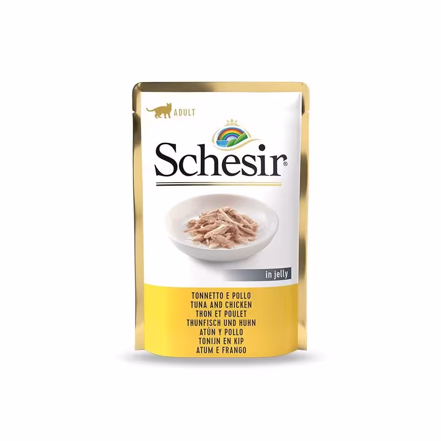 پوچ گربه شسیر با طعم ماهی تن و فیله مرغ وزن 85 گرم