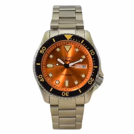 SEIKO5 A – 07G0 – 7S26A سیکو 5 اتوماتیک حرکتی اورجینال ژاپن موتور سیکو 21 سنگ ** فول استیل ** 2 تقویم صفحه نارنجی