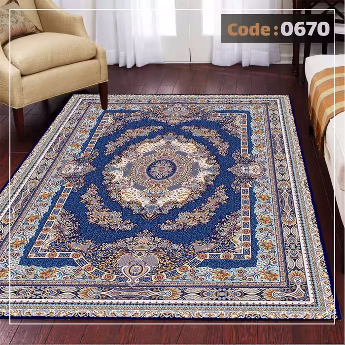 کاورفرش روفرشی دورکشدار گوشه لیفه ای لاکی ، آبی و متنوع کد 0670