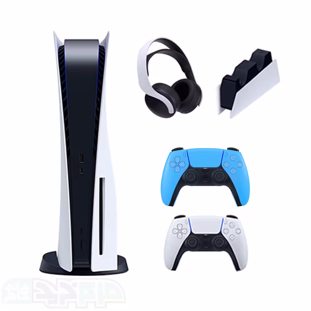 پلی استیشن 5 با درایو با دسته آبی، هدست سفید و پایه شارژر