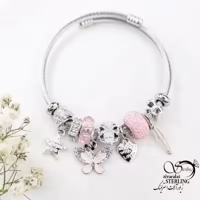 دستبند پاندورا (النگویی) آویز پروانه و قلب کد 18720