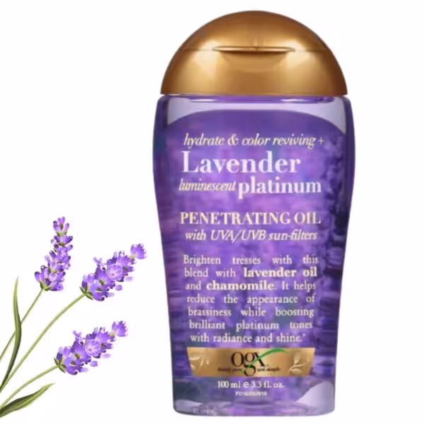 روغن مو جذاب ogx حجم 100 میل lavender platinum درخشان کننده و نرم کننده موهای رنگ شده ساخت آمریکا