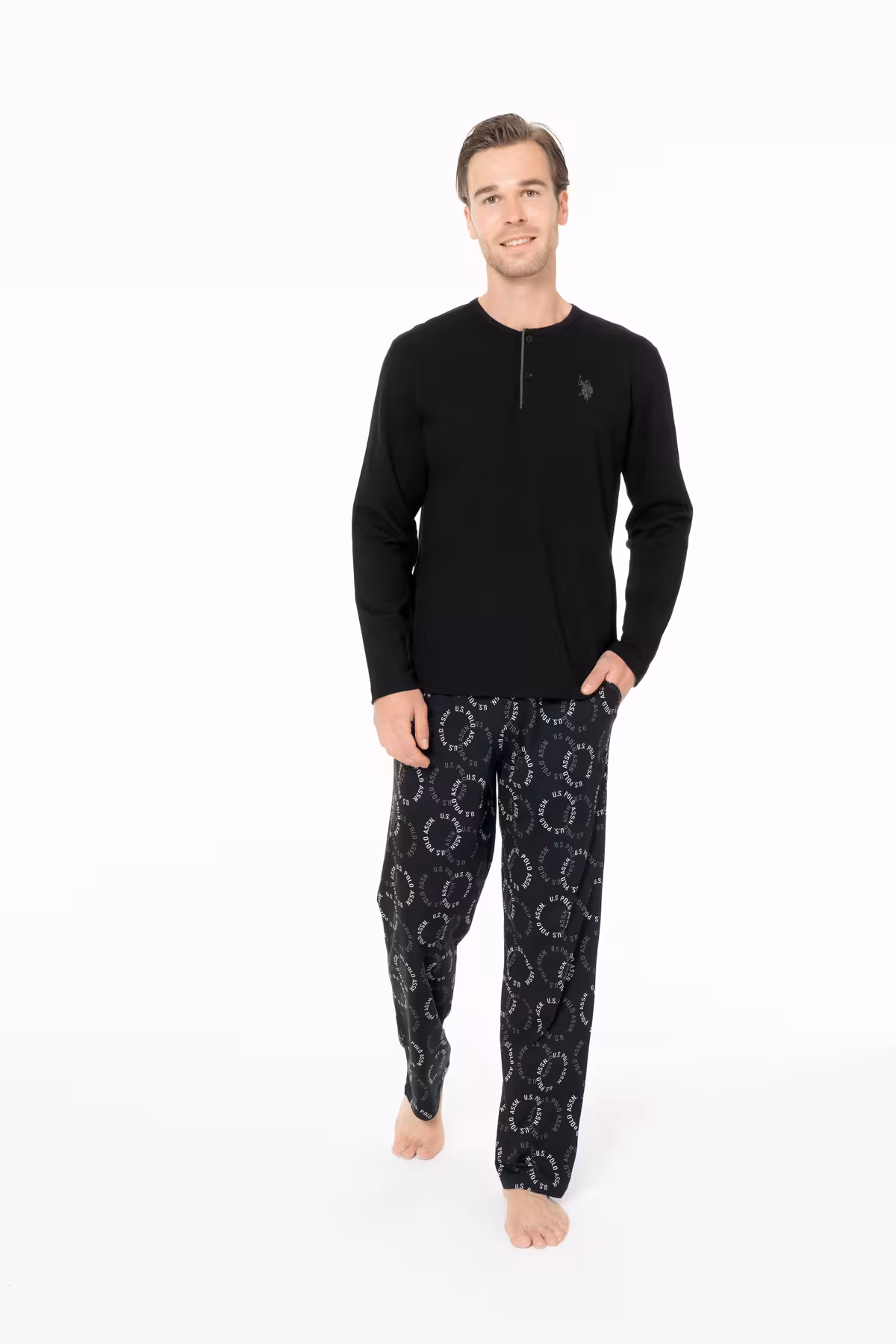 ست پیژامه مردانه تخم مرغ یقه مردان با مجموعه لباس خواب 100 ٪ سیاه و سفید WSI U.S. Polo Assn.