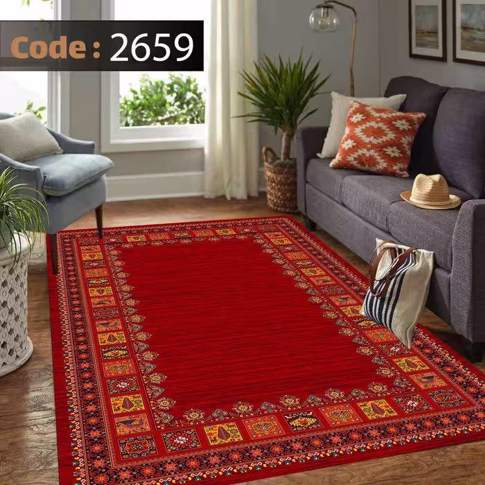 کاورفرش روفرشی دورکشدار گوشه لیفه ای لاکی ، آبی و متنوع کد 2659